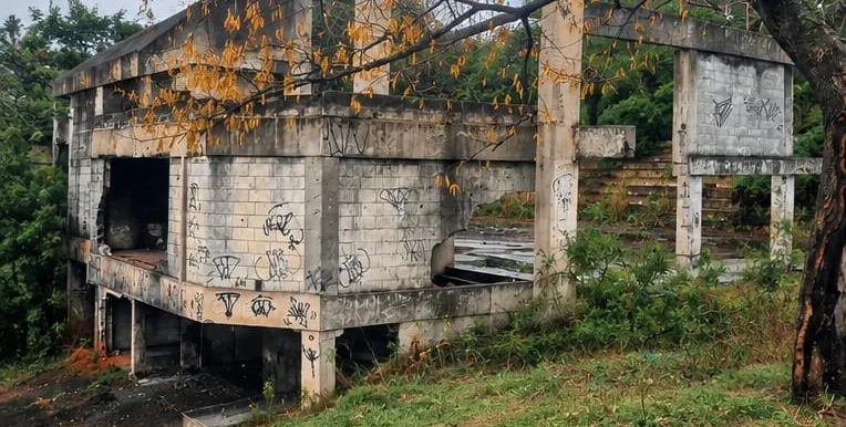 Estrutura de concreto abandonada, pichada e tomada pela vegetação