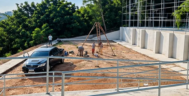 Terreno em obra com equipe trabalhando e muro de contenção ao fundo